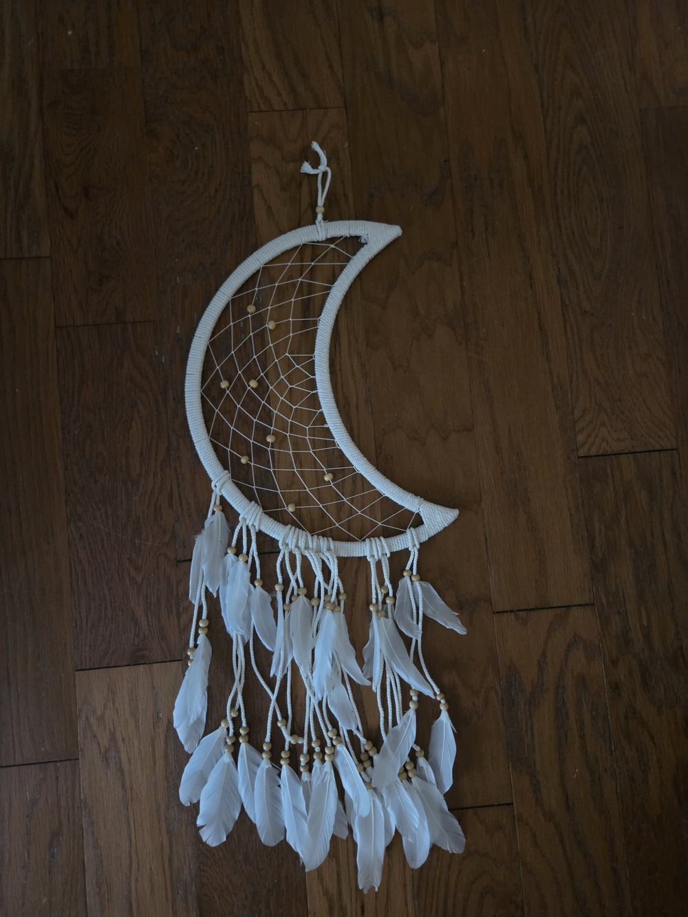 Macrame White Crescent Moon Feather Dreamcatcher Wall Hanging. Boho